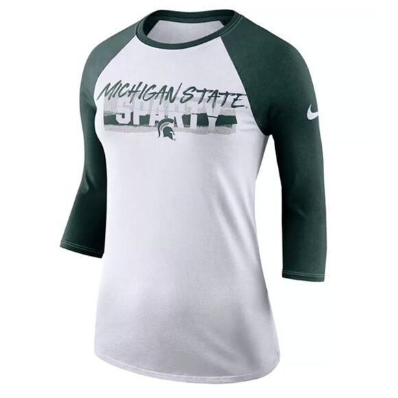 NWT Nike Michigan State Sparty Raglan T Shirt Womens Medium Green White Baseball - Picture 1 of 13